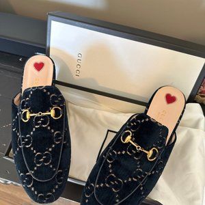 Gucci Princetown GG Velvet Flat Heel Navy Blue Slippers